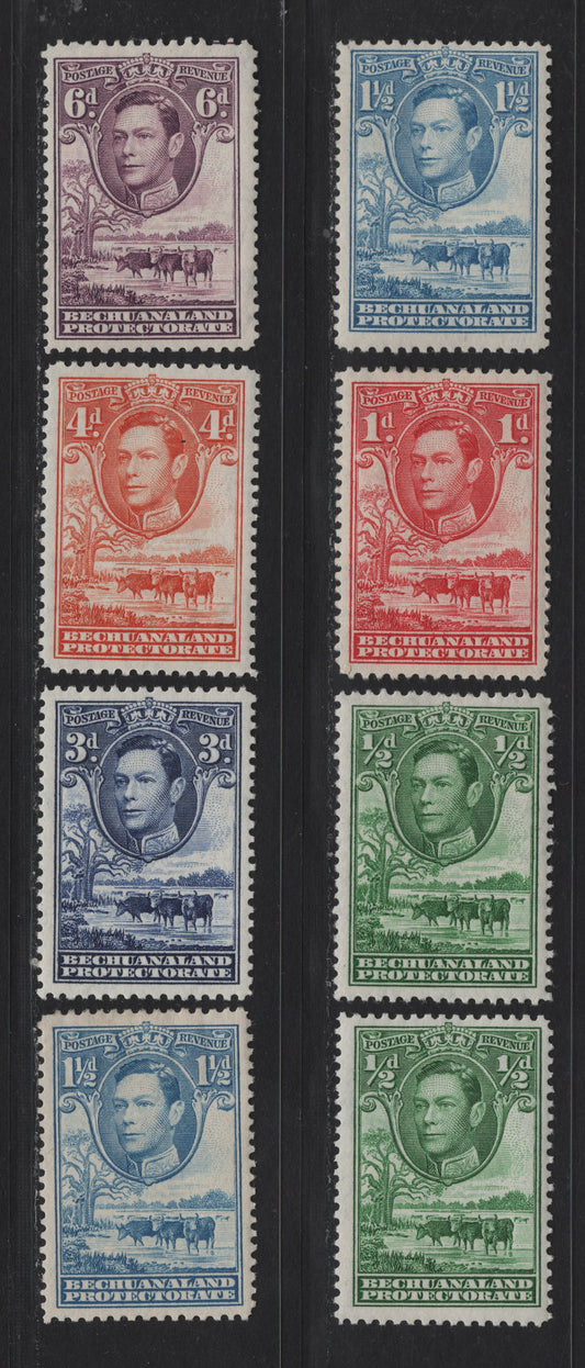 Lot 274 Bechuanaland (C) SG#118-120a, 122-123, 124a 1/2d - 6d Green - Purple , 1938-1982 KGVI Baobab Tree & Cattle Issue, 7 F/VFOG Singles, 1942-1943 Printings On Opaque Wove Paper Having Crackly Gum, Regular Diagonal Cracks
