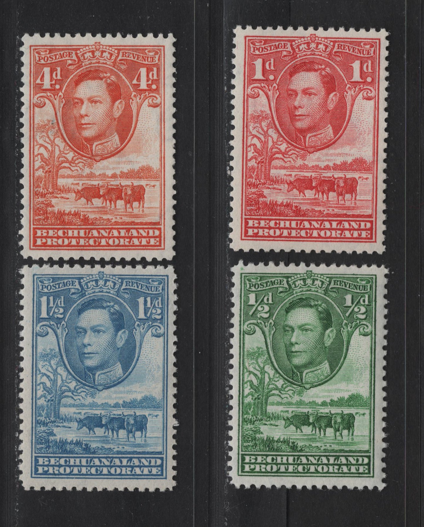 Lot 276 Bechuanaland SG#118-119, 120a, 123 1/2d - 4d Green - Orange , 1938-1982 KGVI Baobab Tree & Cattle Issue, 4 VFOG Singles, 1948-1950 Printings On Translucent Paper With Visible Wmk & Smooth Gum