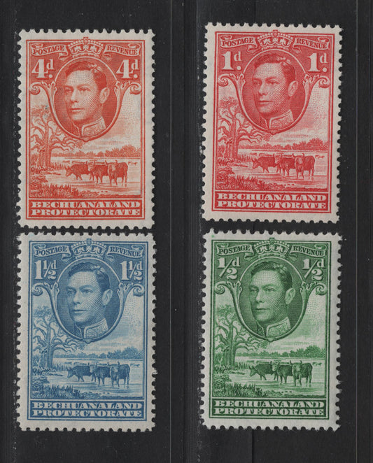 Lot 276 Bechuanaland SG#118-119, 120a, 123 1/2d - 4d Green - Orange , 1938-1982 KGVI Baobab Tree & Cattle Issue, 4 VFOG Singles, 1948-1950 Printings On Translucent Paper With Visible Wmk & Smooth Gum