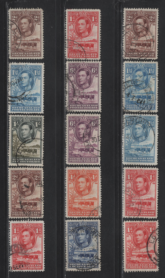 Lot 277 Bechuanaland (C) SG#119, 120-a, 121-124a, 125 1d - 1/- Scarlet - Black & Brown Olive , 1938-1982 KGVI Baobab Tree & Cattle Issue, 15 Very Fine Used Singles, 1938, 1942, 1945-1946, 1948-1949 & 1952 Printings