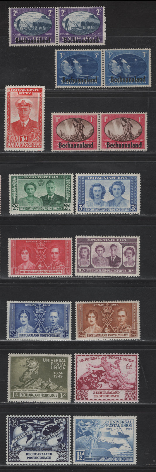 Lot 279 Bechuanaland (C) SG#115-117, 129-135, 138-141 1d - 1/- Scarlet - Olive , 1937-1949 Coronation - UPU Issues, 14 VFOG Singles
