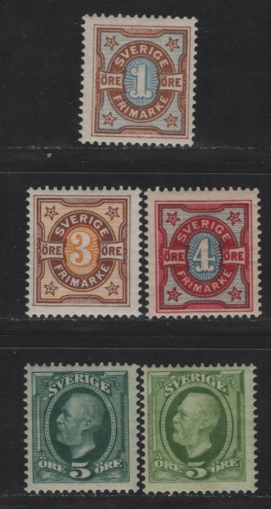 Lot 28 Sweden SC#52, 54-56a 1o -5o Blue & Ultramarine - Blue Green Numeral - King Oscar II, 1891-1904 King Oscar II & Numeral Issue, 5 F/VFOG Singles
