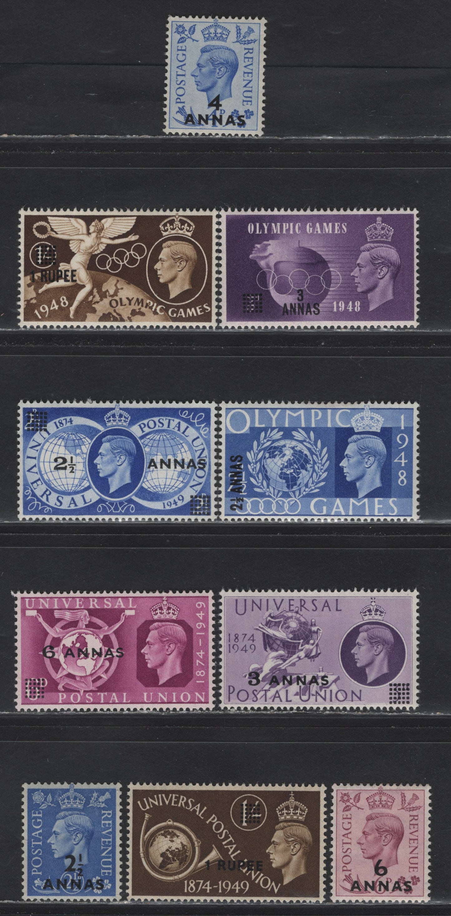 Lot 281 British Postal Agencies In Eastern Arabia (C) SG#20, 22, 27-34, 40 2.5a on 2.5d - 4a on 4d Ultramarine , 1948-1950 Dulac Design - UPU Issues, 11 VFOG Singles
