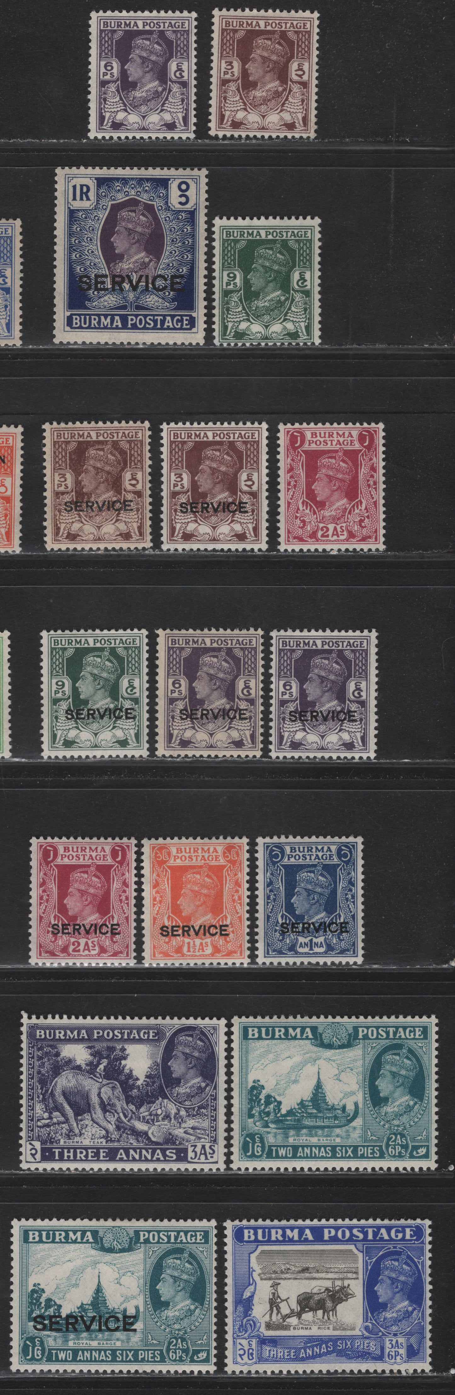 Lot 285 Burma (C)SG#51-53, 56-57b, O28-O34 3p -2a6p Brown - Greenish Blue , 1939-1946 British Civil Administration Pictorials - Service Overprints, 17 F/VFOG Singles, Some Shade Varieties