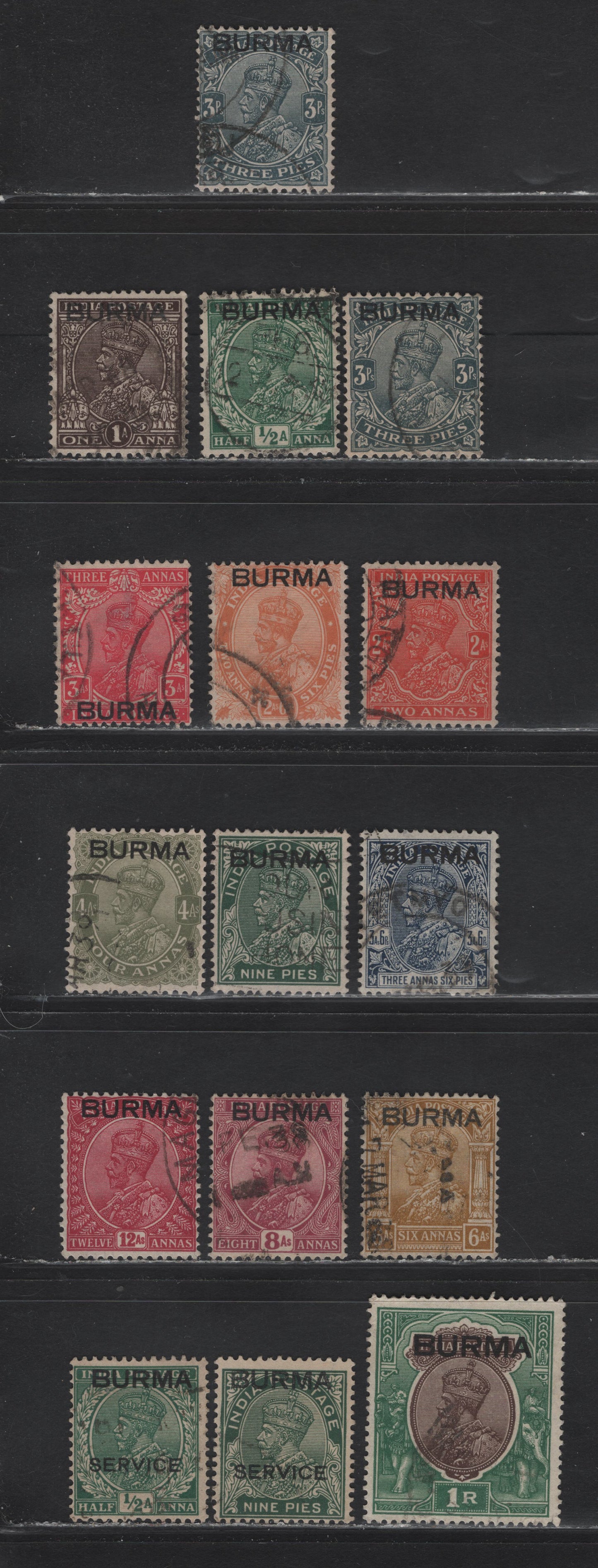 Lot 286 Burma (C)SG#1-13, O2-O3 3p - 9p Slate - Deep Green , 1937 KGV Definitive Issue of India Overprinted 'Burma', 15 Fine/Very Fine Used Singles