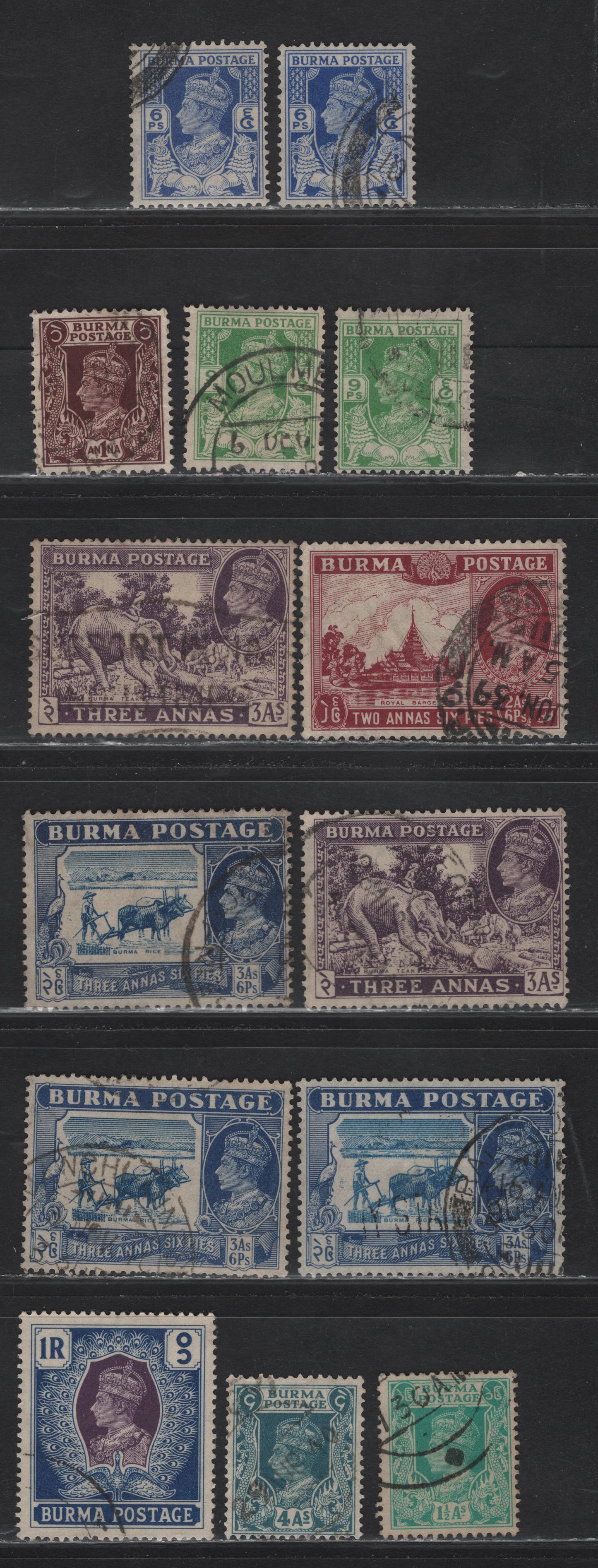 Lot 287 Burma (C)SG#20/30 6p - 1r Bright Blue - Purple & Blue , 1938-1940 KGVI Pictorial Issue, 14 Fine/Very Fine Used Singles, Three Shade Combinations of 3a6p & Two Shades Each Of 6p, 9p & 3a