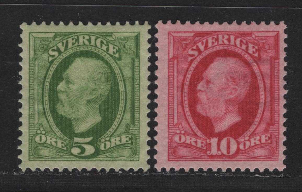 Lot 30 Sweden SC#56var, 58var (Facit# 52evm, 54evm) 5o - 10o Yellow Green - Bright Carmine King Oscar II, 1891-1904 King Oscar II & Numeral Issue, 2 F/VFOG Singles, Inverted Wmk