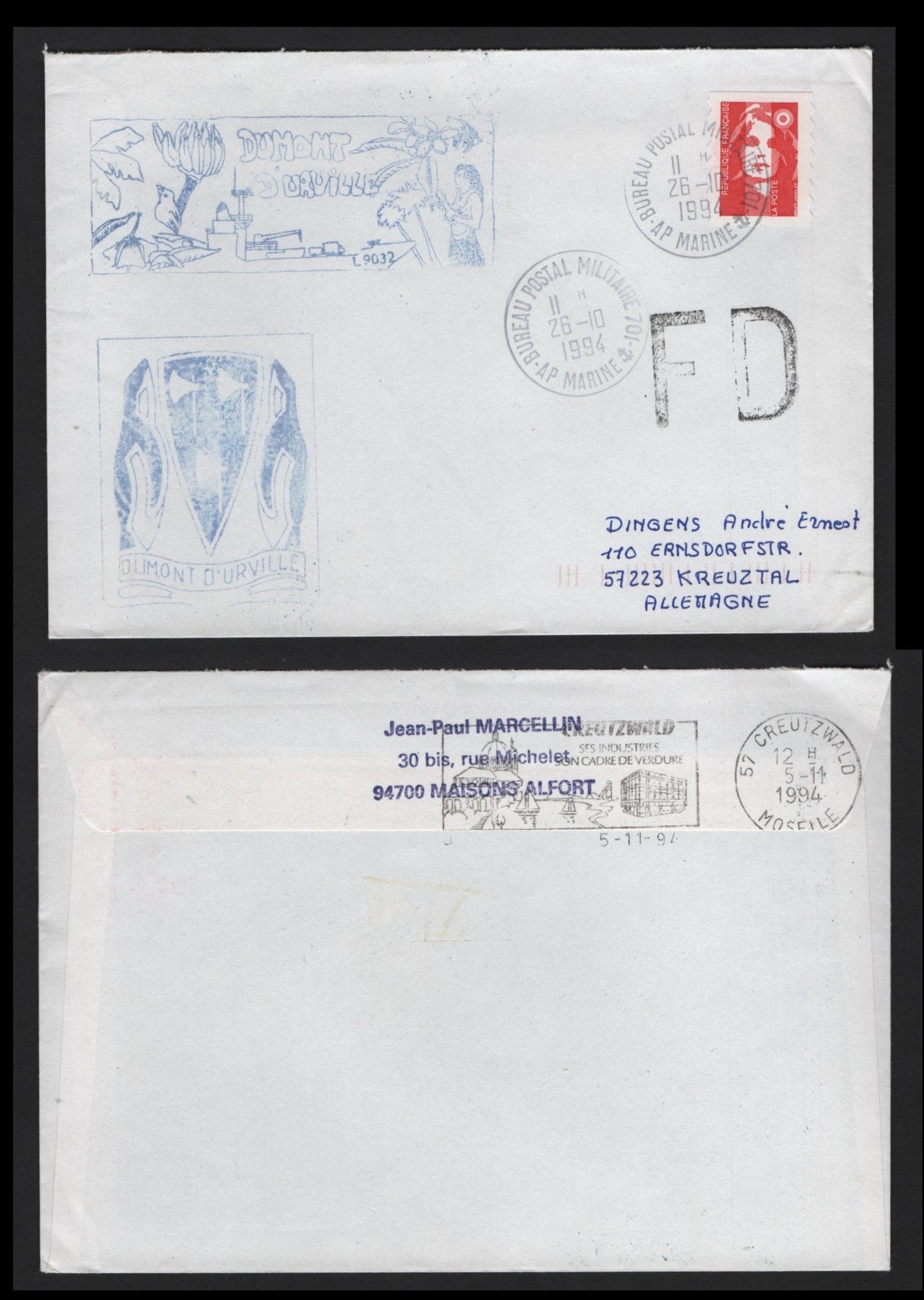 Lot 307 FSAT (C) 1994 Dumont D'Urville, A Very Fine Used Cover, To France, Mailed from the Scientific French Research Station In Antarctic & Stamped With Decorative Cachets, Oct. 26 French Arrival Machine Backstamp On Nov 5 1994.