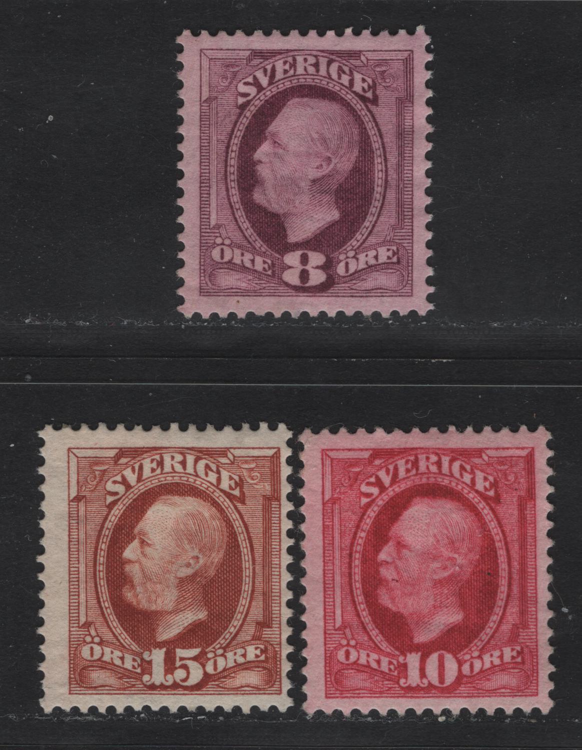 Lot 31 Sweden SC#57-59 8o - 15o Red Violet - Red Brown King Oscar II, 1891-1904 King Oscar II & Numeral Issue, 3 F/VFOG Singles