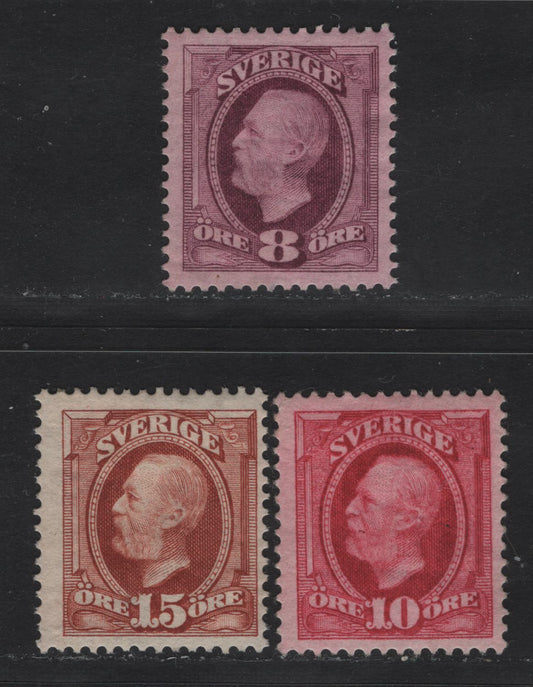 Lot 31 Sweden SC#57-59 8o - 15o Red Violet - Red Brown King Oscar II, 1891-1904 King Oscar II & Numeral Issue, 3 F/VFOG Singles