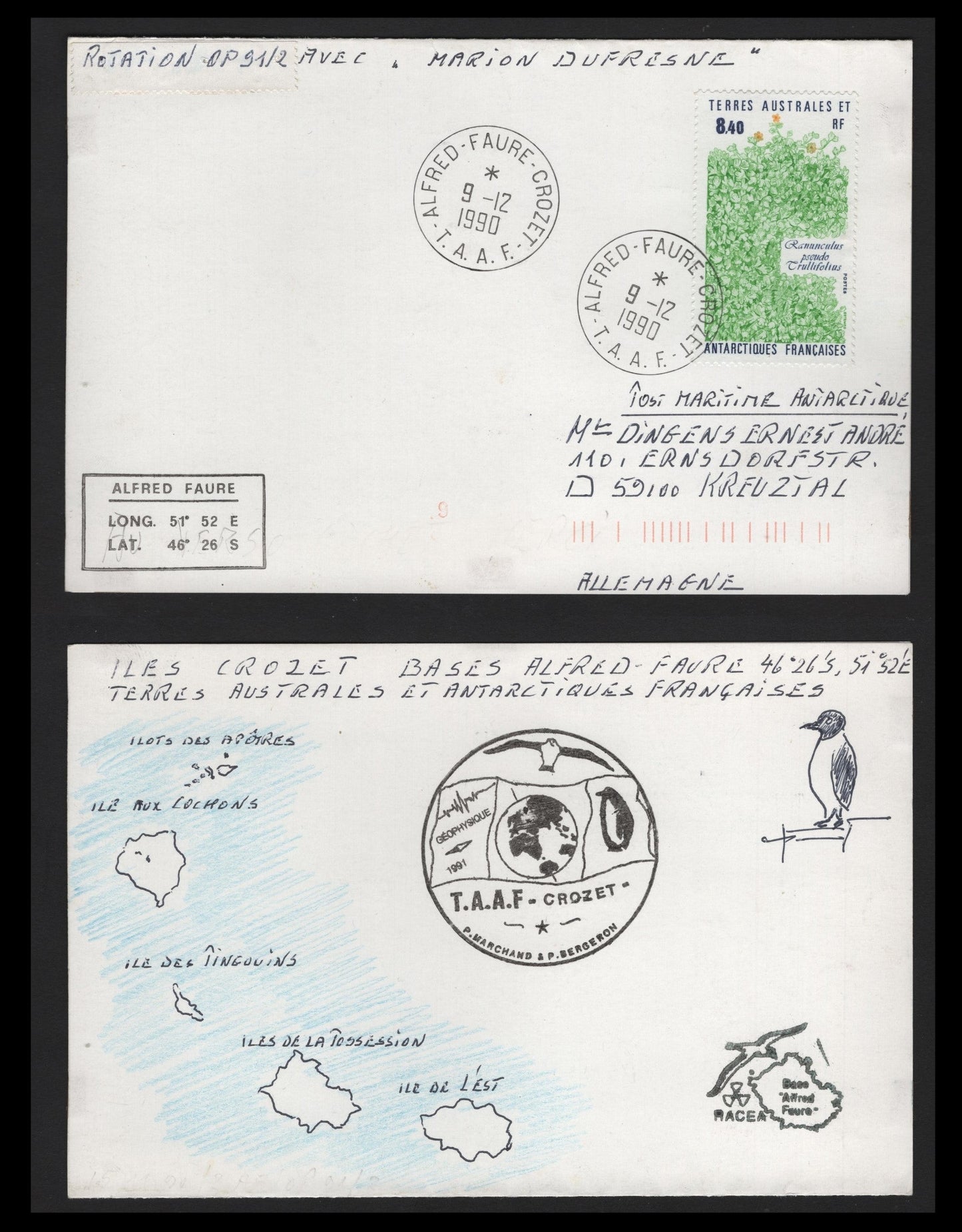 Lot 312 FSAT (C) 1990 Crozet Island, A Very Fine Used Cover, Crozet Base Cover To France, hand Sketched Cachet On Reverse, Produced In Pen & Pencil Crayon, Along With Hand Stamp.