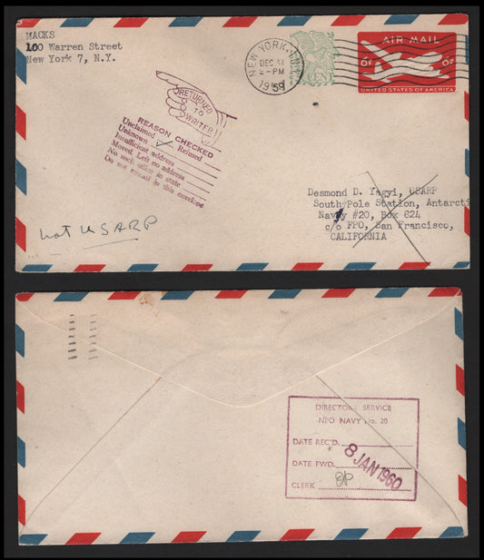 Lot 320 United States (C) 1959 Antarctic, A Very Fine Used Cover, 6c Postal Stationary Envelope Surcharged 1c, Addressed To A Member of the US Research Project At Antarctica, Pen Notation Reads 'Not USARP' & Stamped Return to Writer.