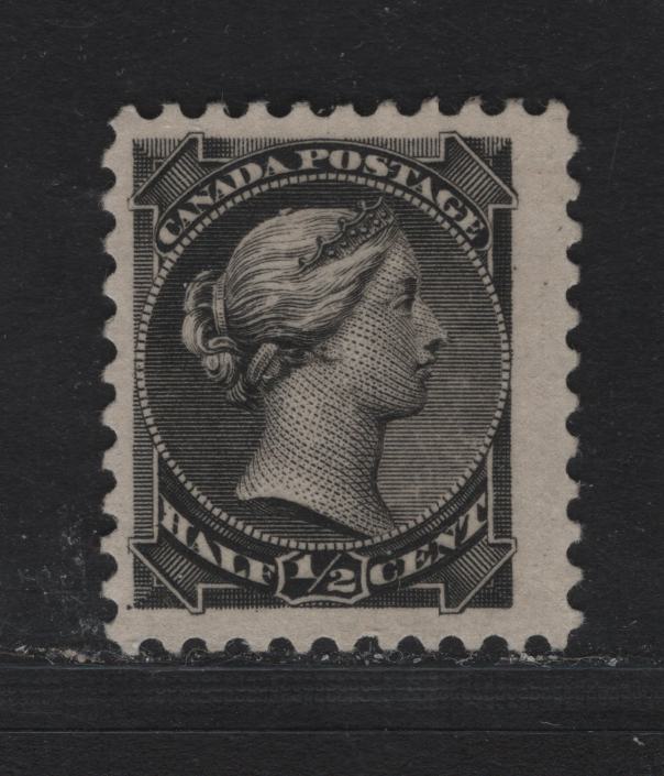 Lot 323 Canada (C)#34ii 1/2c Jet Black Queen Victoria, 1870-1893 Small Queen Issue, A Fine Unused Single, Early Second Ottawa Printing, 2O-F Paper, Perf 12, Small Guide Dot At LL, Which Is Unusual On This Value, No Gum.