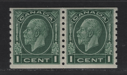 Lot 336 Canada #205 1c Dark Green King George V, 1932-1935 Medallion Issue, A VFNH Coil Pair On BABN-A Paper, Perf. 8.75 Vertically, 18.5 x 21.75 mm Design
