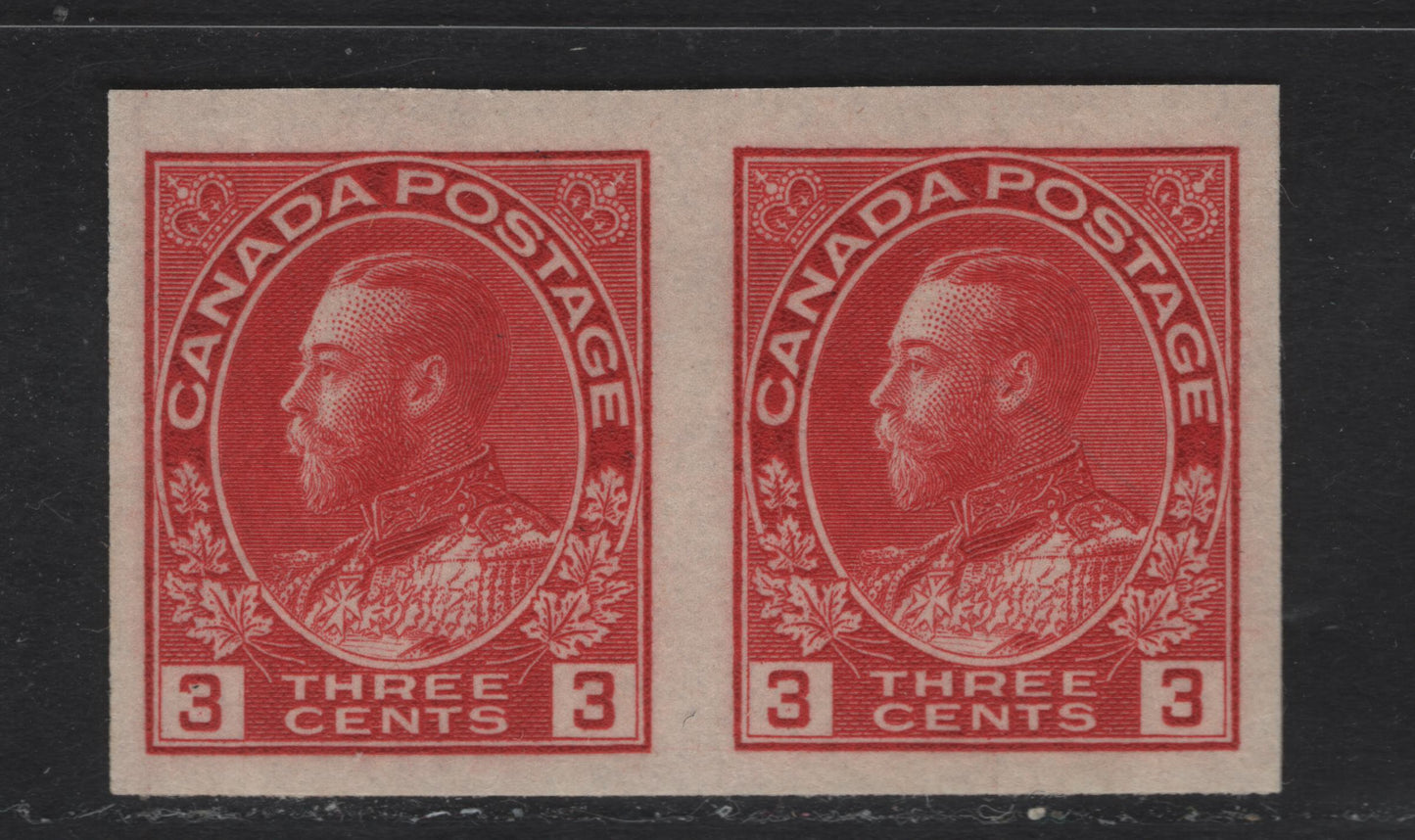 Lot 338 Canada #138 3c Carmine King George V, 1924 Imperforate Admiral Issue, A VFNH Pair On ABN-II Paper, NH On One Stamp, LH On the Other