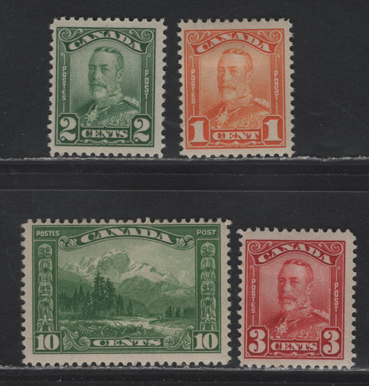Lot 343 Canada #149-151, 155 1c-3c, 10c Orange - Deep Yellowish Green King George V, 1928-1929 Scroll Issue , 4 Fine OG Singles On ABN-OOOO Paper