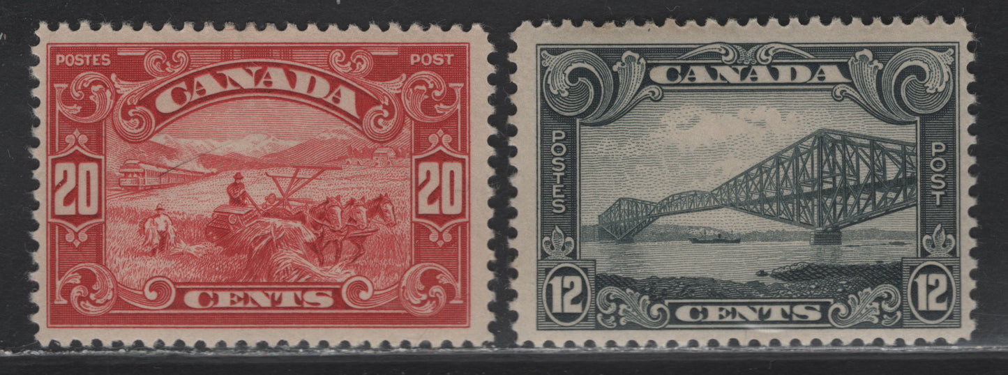 Lot 346 Canada #156-157 12c, 20c Slate & Carmine Quebec Bridge, Harvesting Wheat, 1928-1929 Scroll Issue , 2 Fine OG Singles On ABN-M Paper