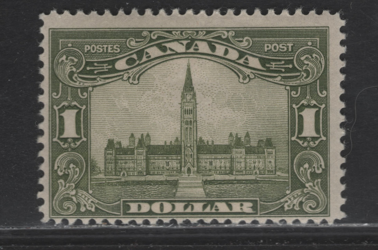 Lot 348 Canada #159 1 Olive Green Parliament Buildings, 1928-1929 Scroll Issue , A Fine OG Single On ABN-M Paper