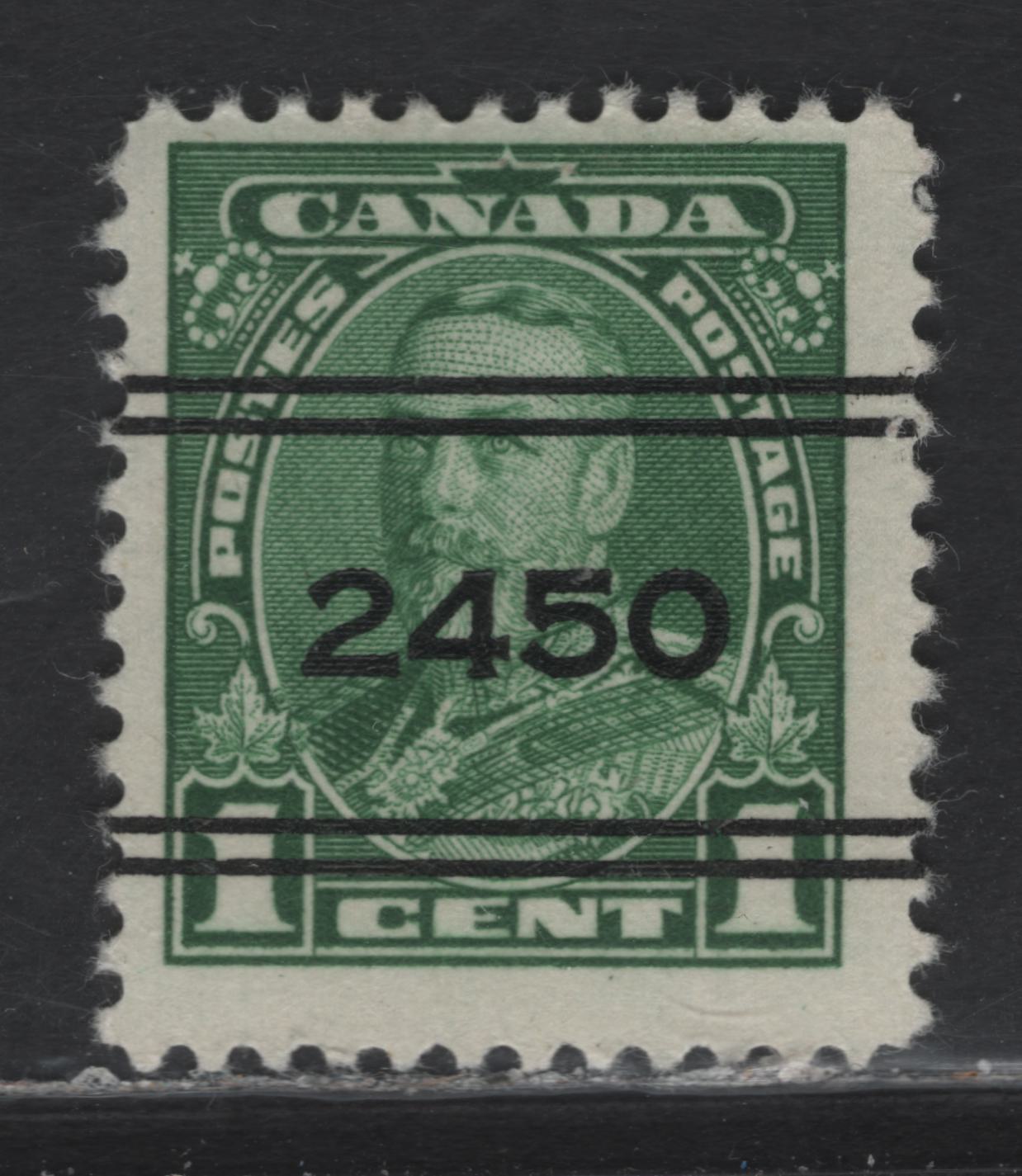 Lot 350 Canada #217xx 1c Green King George V, 1935-1937 Dated Die Issue Airmail, A Fine Used Single On CBN-AA Paper, Perf. 12, Carleton Place, ON Style 2 Precancel