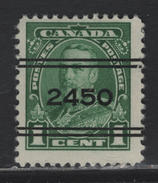 Lot 350 Canada #217xx 1c Green King George V, 1935-1937 Dated Die Issue Airmail, A Fine Used Single On CBN-AA Paper, Perf. 12, Carleton Place, ON Style 2 Precancel
