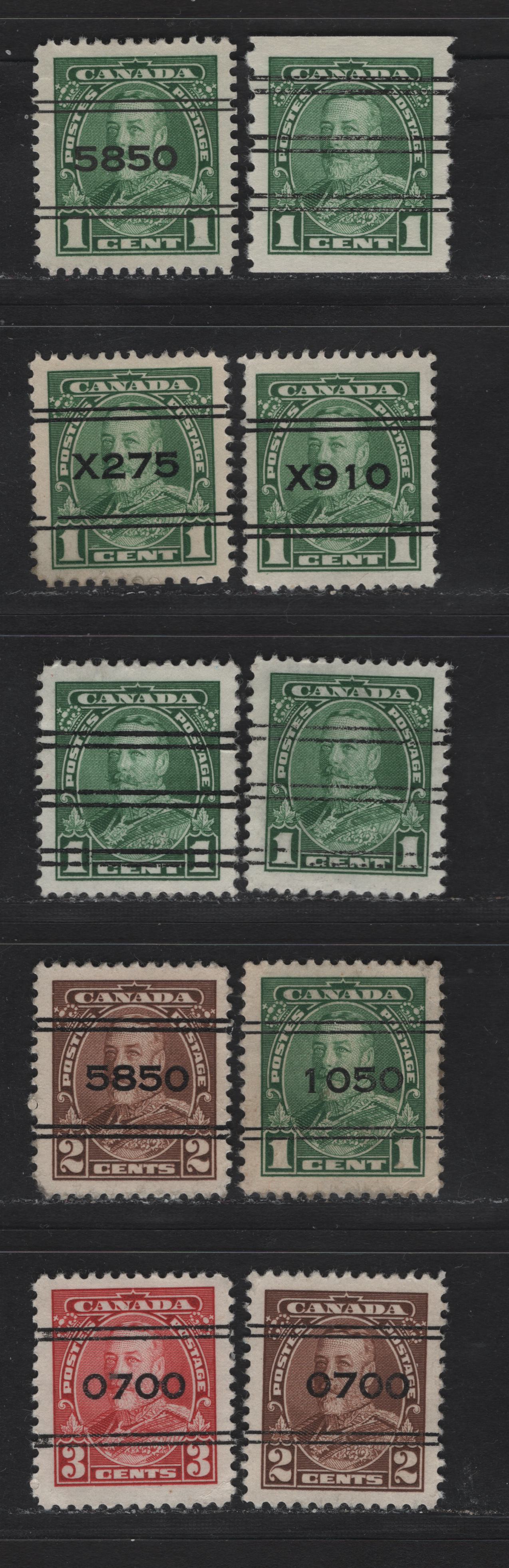 Lot 353 Canada #217xx-219xx 1c-3c Green-Carmine King George V, 1935-1937 Dated Die Issue Airmail, 10 VF Used Singles On Different Papers With Various Town Precancels, Plus W & X Style Precancels