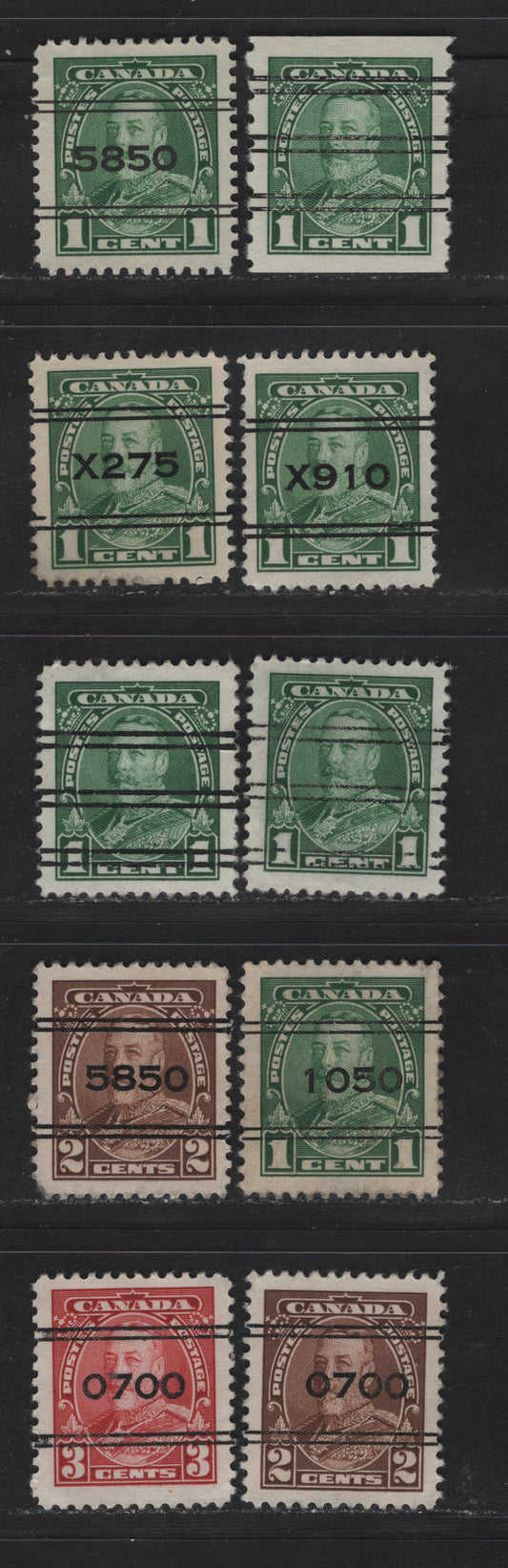 Lot 353 Canada #217xx-219xx 1c-3c Green-Carmine King George V, 1935-1937 Dated Die Issue Airmail, 10 VF Used Singles On Different Papers With Various Town Precancels, Plus W & X Style Precancels