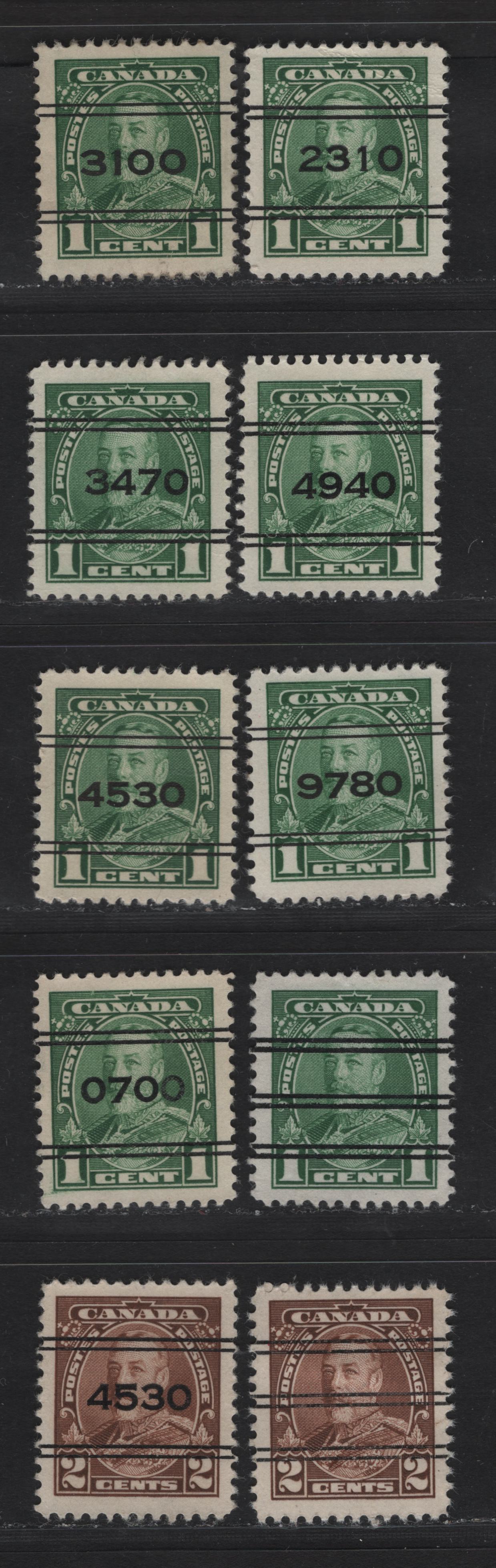 Lot 354 Canada #217xx-219xx 1c-3c Green-Carmine King George V, 1935-1937 Dated Die Issue Airmail, 9 VF Used Singles On Different Papers With Various Town Precancels, Plus X Style Precancels