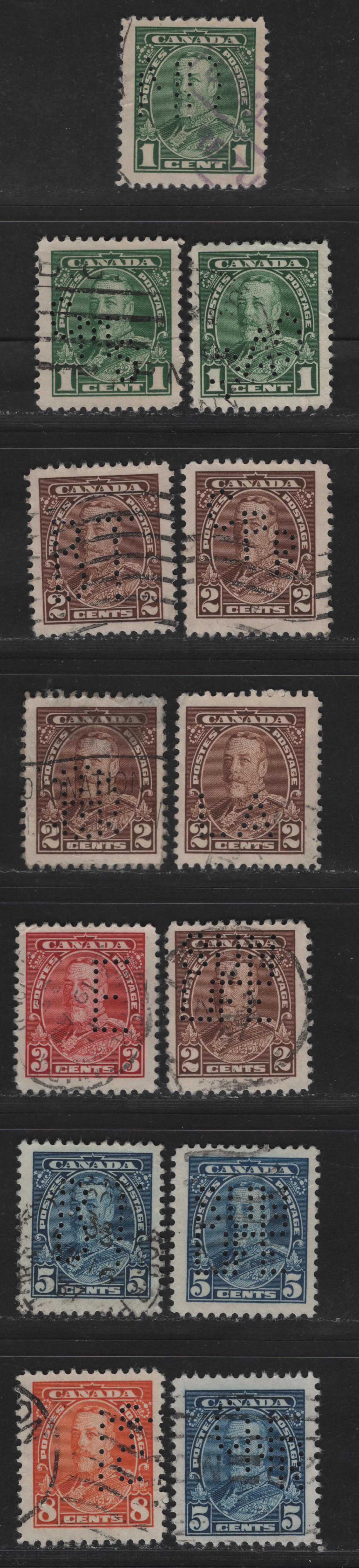 Lot 356 Canada #217var-219var, 221var, 222var 1c-3c, 5c, 8c Green - Red Orange King George V, 1935-1937 Dated Die Issue Airmail, 13 Fine & VG Used Singles On Different Papers With Various Perfins