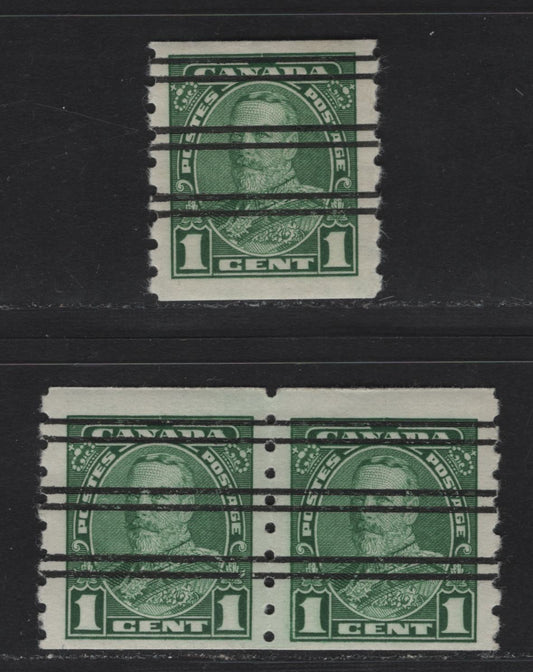 Lot 358 Canada #228xx 1c Green King George V, 1935-1937 Dated Die Issue Airmail, A Fine & VFOG Coil Pair & Single On CBN-EEEE & CBN-GGG Papers, With Style W Precancel