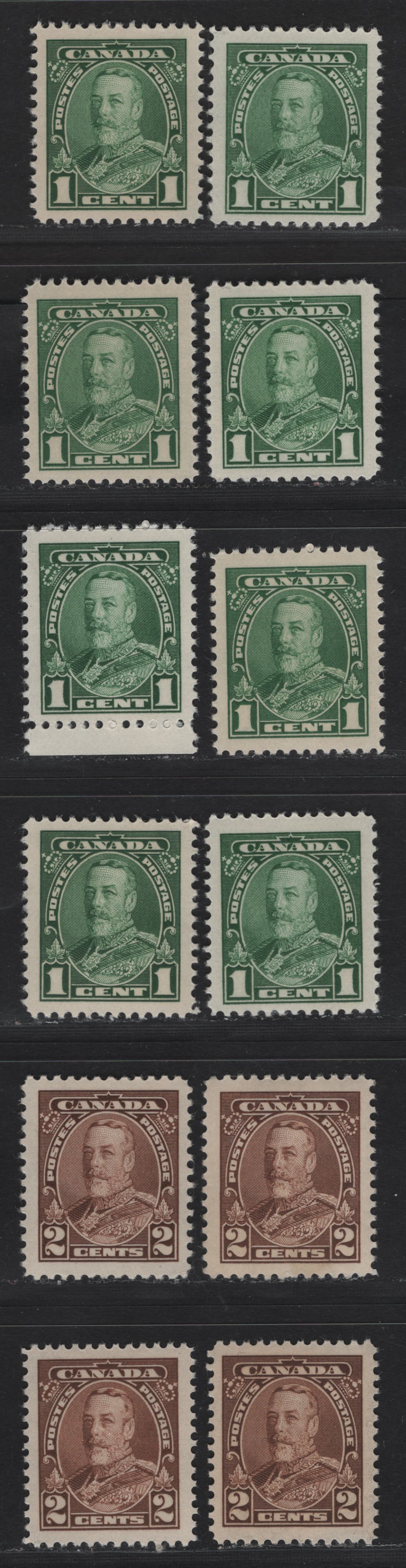 Lot 359 Canada #217-218 1c-2c Green-Brown King George V, 1935-1937 Dated Die Issue Airmail, 12 VFNH Singles On Various Papers With Different Perfs. See If You Can Identify Them Using My Table of CBN Paper Types, Generally Different From Lots 360 and 361
