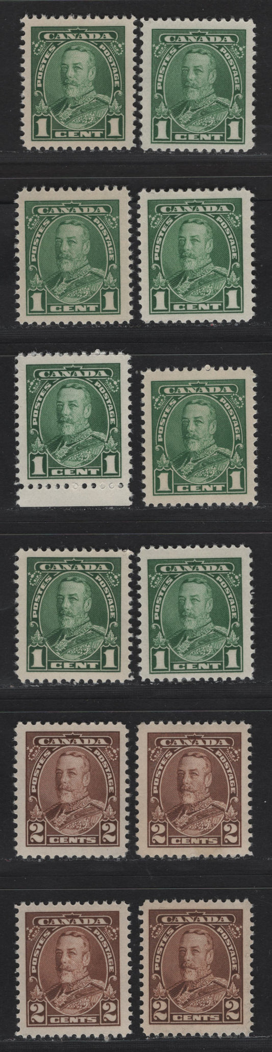 Lot 359 Canada #217-218 1c-2c Green-Brown King George V, 1935-1937 Dated Die Issue Airmail, 12 VFNH Singles On Various Papers With Different Perfs. See If You Can Identify Them Using My Table of CBN Paper Types, Generally Different From Lots 360 and 361