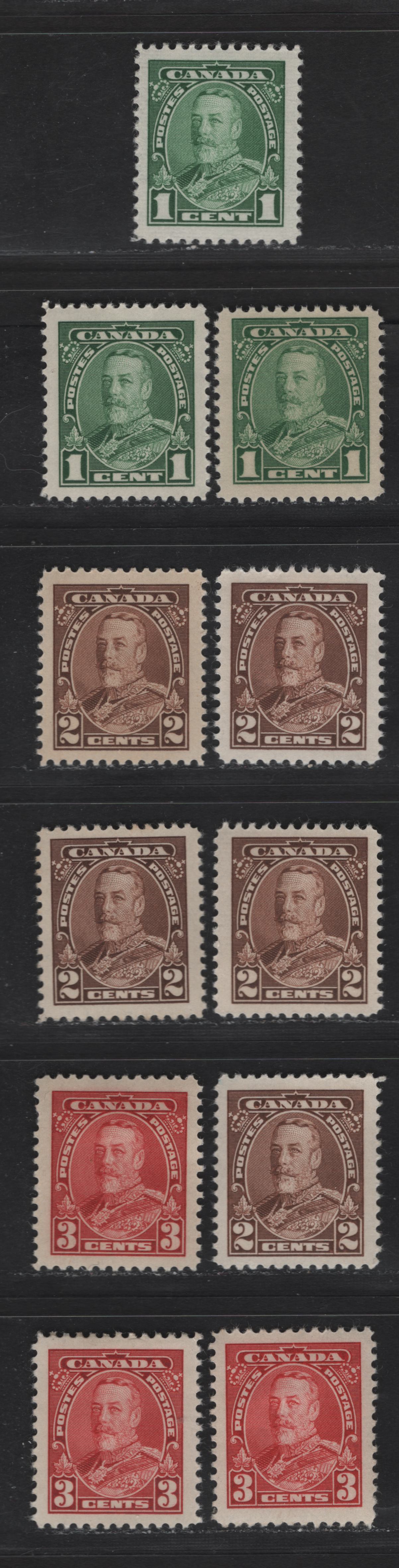 Lot 360 Canada #217-219 1c-3c Green-Brown King George V, 1935-1937 Dated Die Issue Airmail, 11 VFOG Singles On Various Papers With Different Perfs. See If You Can Identify Them Using My Table of CBN Paper Types, Generally Different From Lots 359 and 361