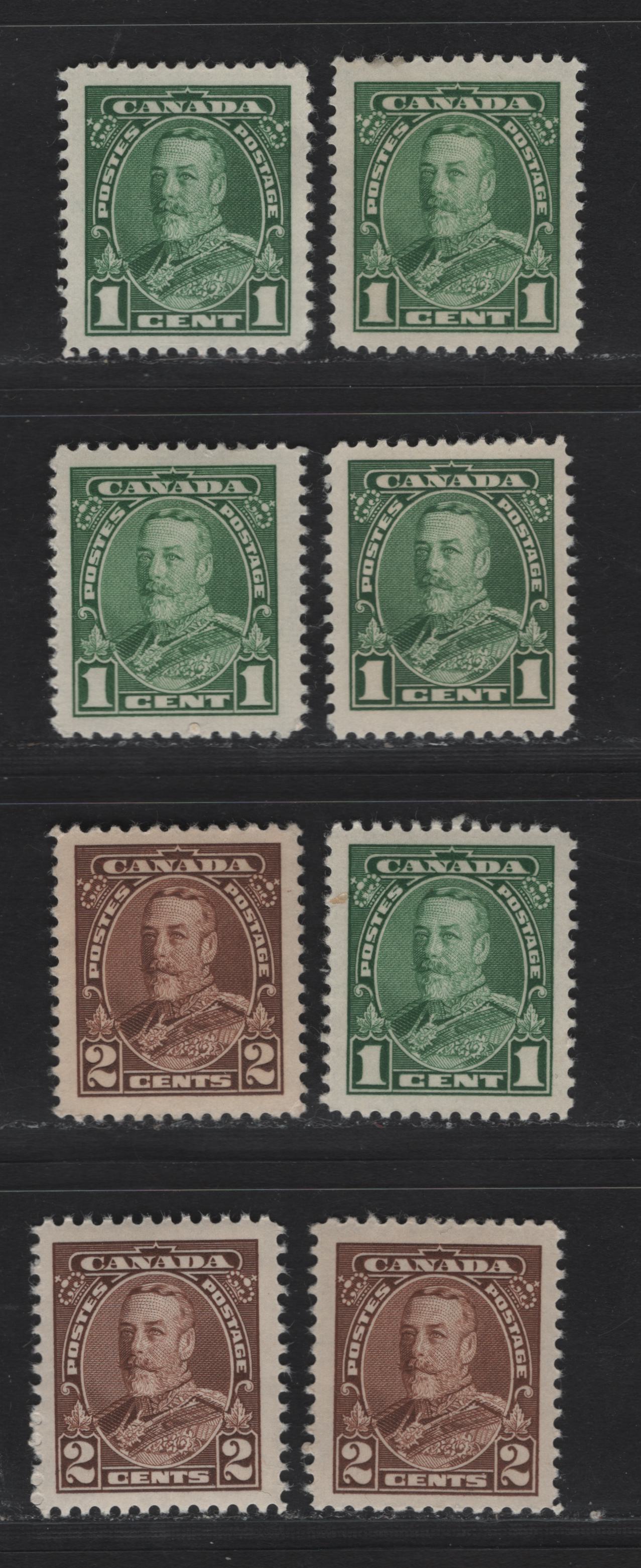 Lot 361 Canada #217-218 1c-2c Green-Brown King George V, 1935-1937 Dated Die Issue Airmail, 8 VFOG Singles On Various Papers With Different Perfs. See If You Can Identify Them Using My Table of CBN Paper Types, Generally Different From Lots 359 and 360