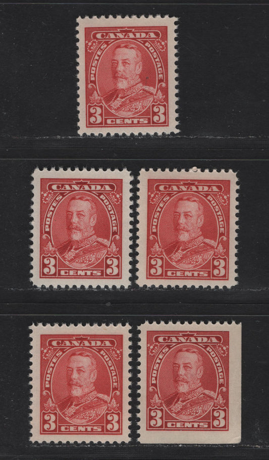 Lot 362 Canada #219-219as 3c Carmine King George V, 1935-1937 Dated Die Issue Airmail, 5 VFNH Singles On Various Papers With Different Perfs. See If You Can Identify Them, Includes A Booklet Single, Generally Different From Lot 363 and 360