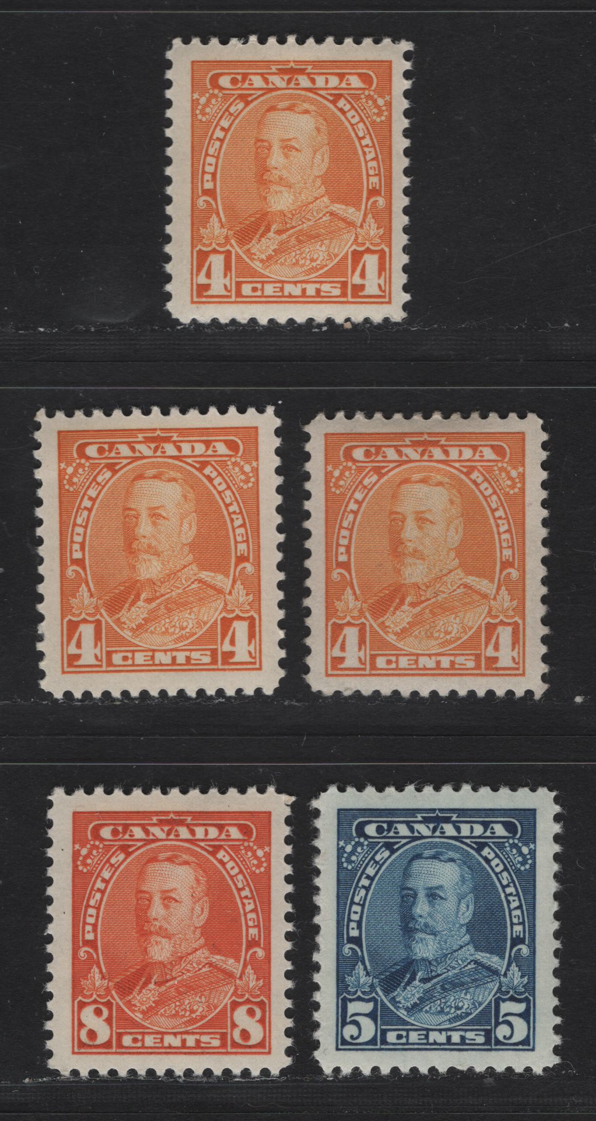 Lot 364 Canada #220-222 4c-8c Orange Yellow - Red Orange King George V, 1935-1937 Dated Die Issue Airmail, 5 VFOG Singles On Various Papers With Different Perfs. See If You Can Identify Them , Generally Different From Lots 363, and 365-366