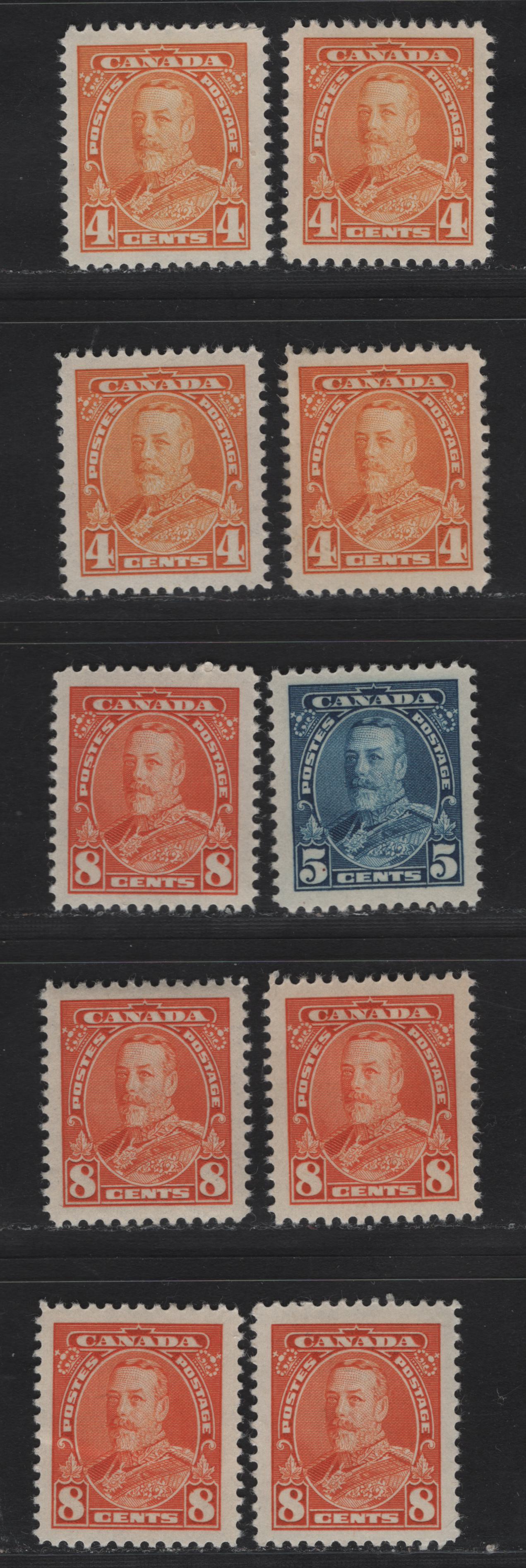 Lot 366 Canada #220-222 4c-8c Orange Yellow - Red Orange King George V, 1935-1937 Dated Die Issue Airmail, 10 VFOG Singles On Various Papers With Different Perfs. See If You Can Identify Them Using My Tables, Generally Different From Lots 363-365