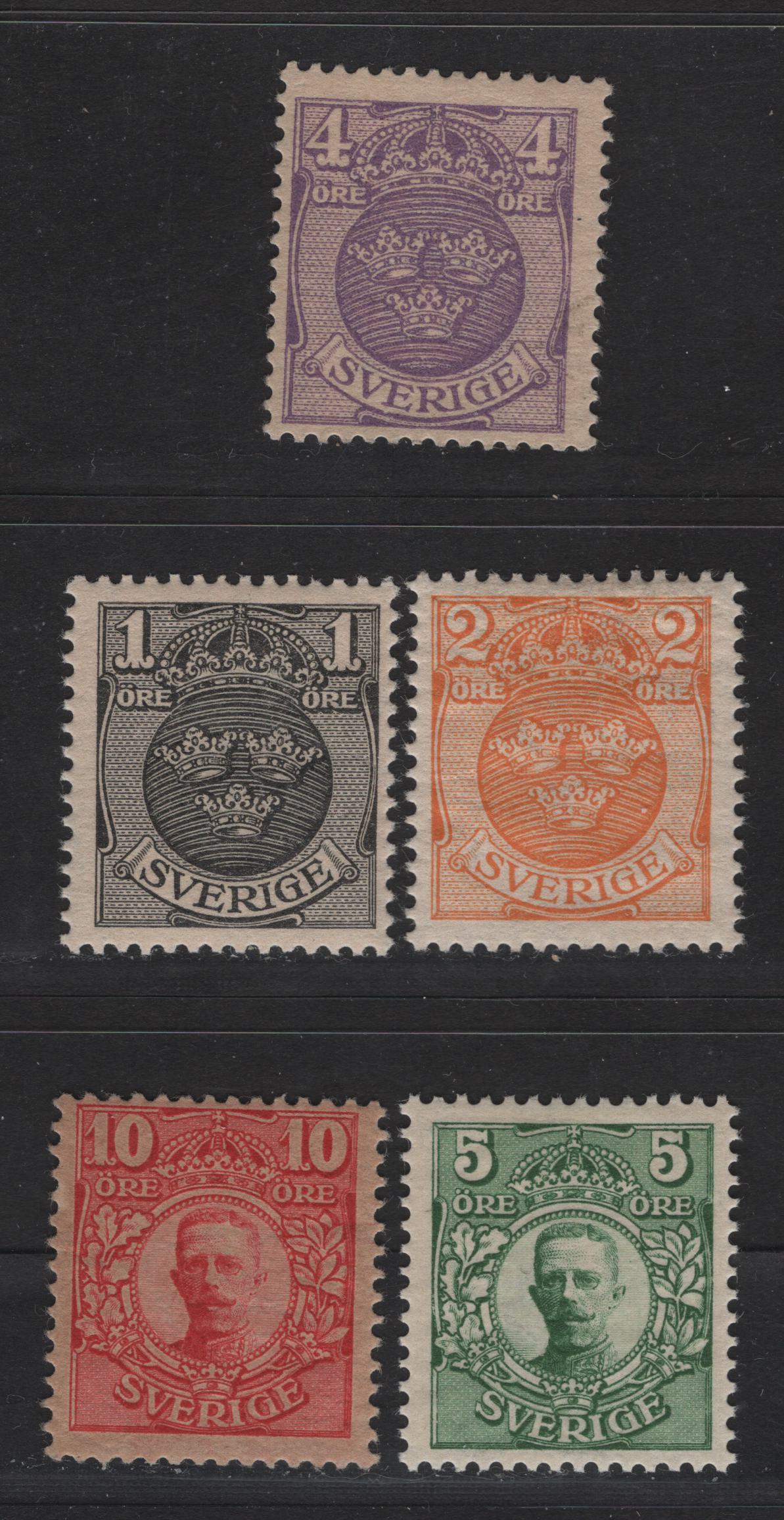Lot 39 Sweden SC#67-71 1o - 10o Black - Carmine Arms & Gustaf V, 1910-1914 Arms & Gustaf V Issue, 5 FOG Singles, Crown Wmk