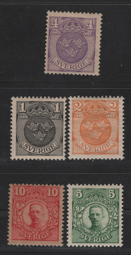 Lot 39 Sweden SC#67-71 1o - 10o Black - Carmine Arms & Gustaf V, 1910-1914 Arms & Gustaf V Issue, 5 FOG Singles, Crown Wmk