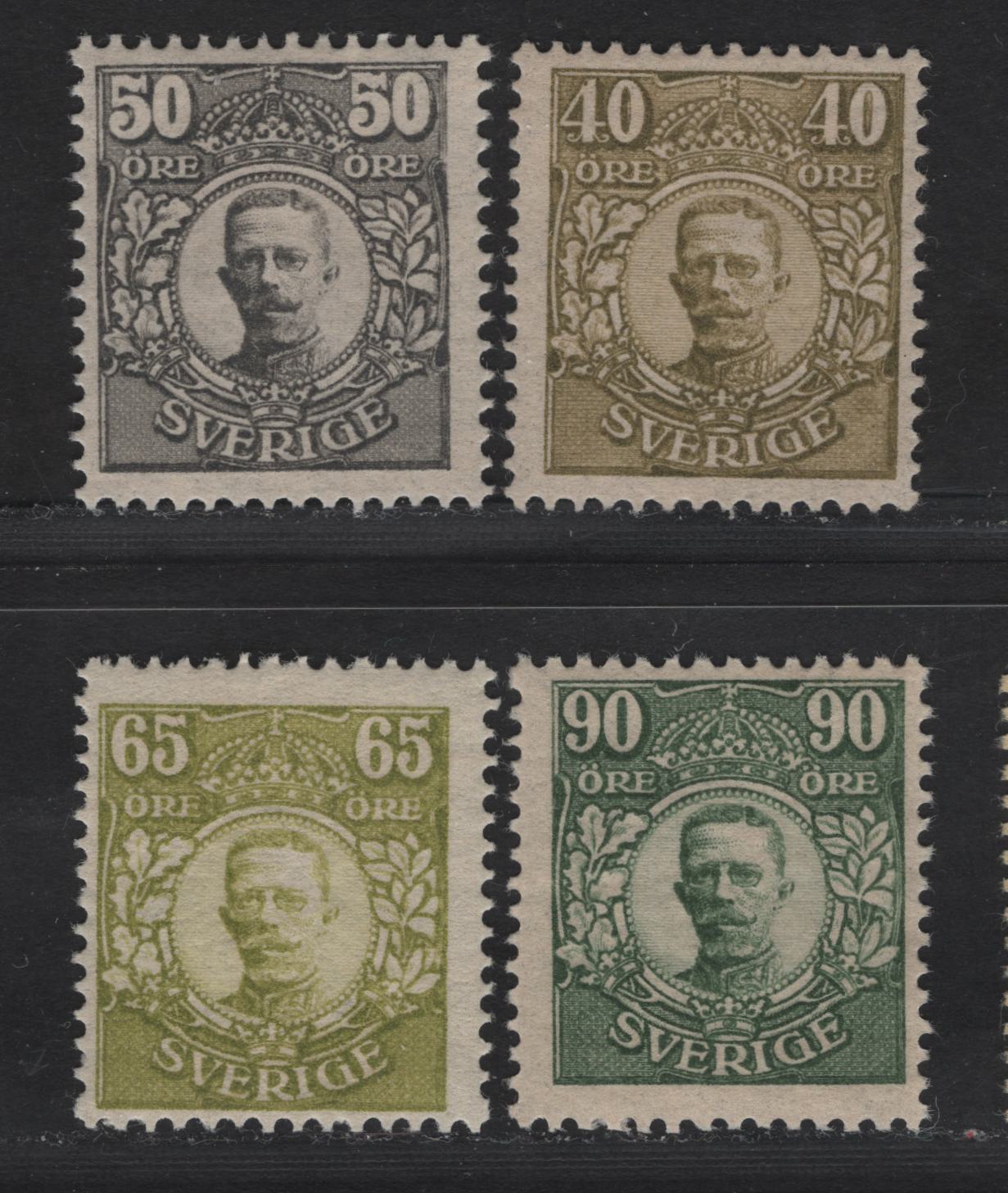 Lot 46 Sweden SC#88-89, 91, 93 40o - 90o Olive Green Gustaf V, 1910-1919 King Gustaf V Portraits Issue, 4 FOG Singles