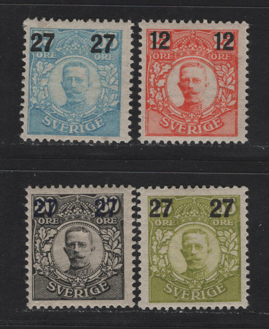Lot 48 Sweden SC#100var, 102-104 (Facit# 100Bz, 102-104) 12o on 25o - 27o on 80o Orange - Black Gustaf V, 1918 Surcharged Issue, 4 F/VFOG Singles, KPL Wmk