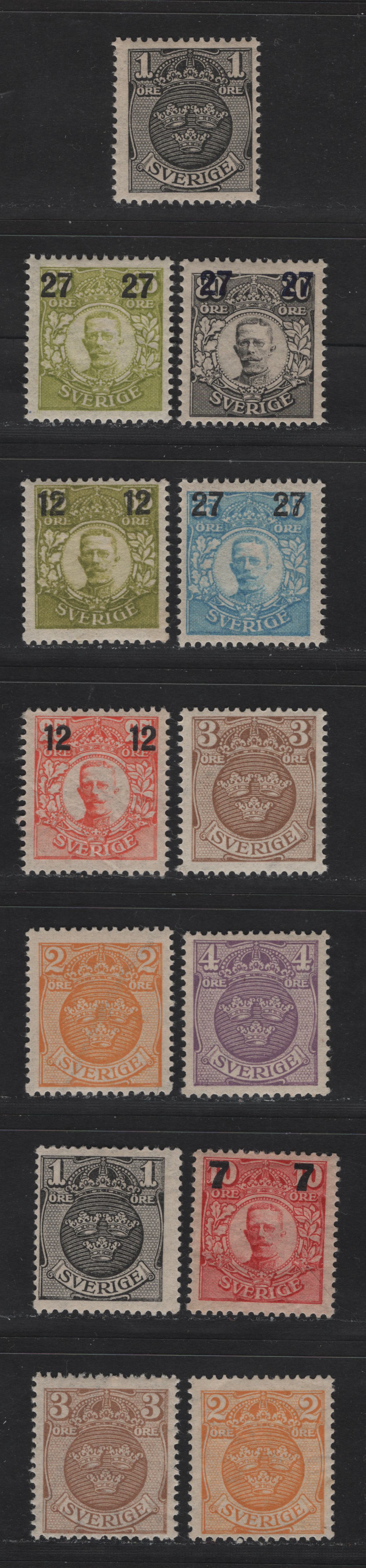 Lot 49 Sweden SC#95-104,var (Facit# 71-74,71cz, 72cz, 73cz) 1o - 27o on 80o Black Arms & Surcharges, 1911-1919 Arms & Surcharged Issue, 13 F/VFOG Singles, Including 1o, 2o & 3o With Additional KPV Wmk