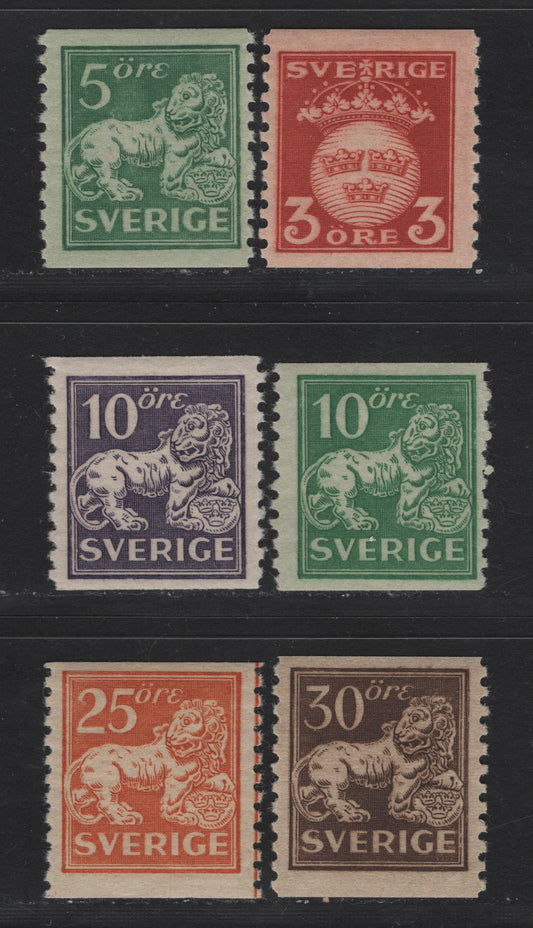 Lot 51 Sweden SC#115-121 (Facit# 139, 140b, 144b, 145A, 147, 148Aa) 3o - 30o Copper Red - Dark Brown Lion, 1920 Standing Lion Issue, 5 FOG/NH Singles, Perf 9.75 Vertical, Unwatermarked, Type 1 On Various Papers.