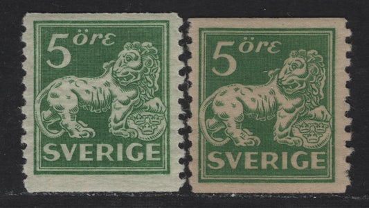 Lot 52 Sweden SC#116, 122var (Facit# 143ecx, 143Aa) 5o Green Lion, 1920 Standing Lion Issue, 2 F/VFNH Singles, Type 2, Perf 9.75 Vertical