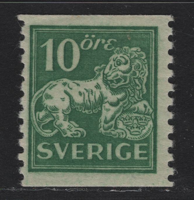 Lot 54 Sweden SC#118 (Facit# 144Ad) 10o Green Lion, 1920 Standing Lion Issue, A VGOG Single, Perf 9.75 Vertical, Soft Yellowish Felt-Like Paper, Type 1, Unwatermarked.