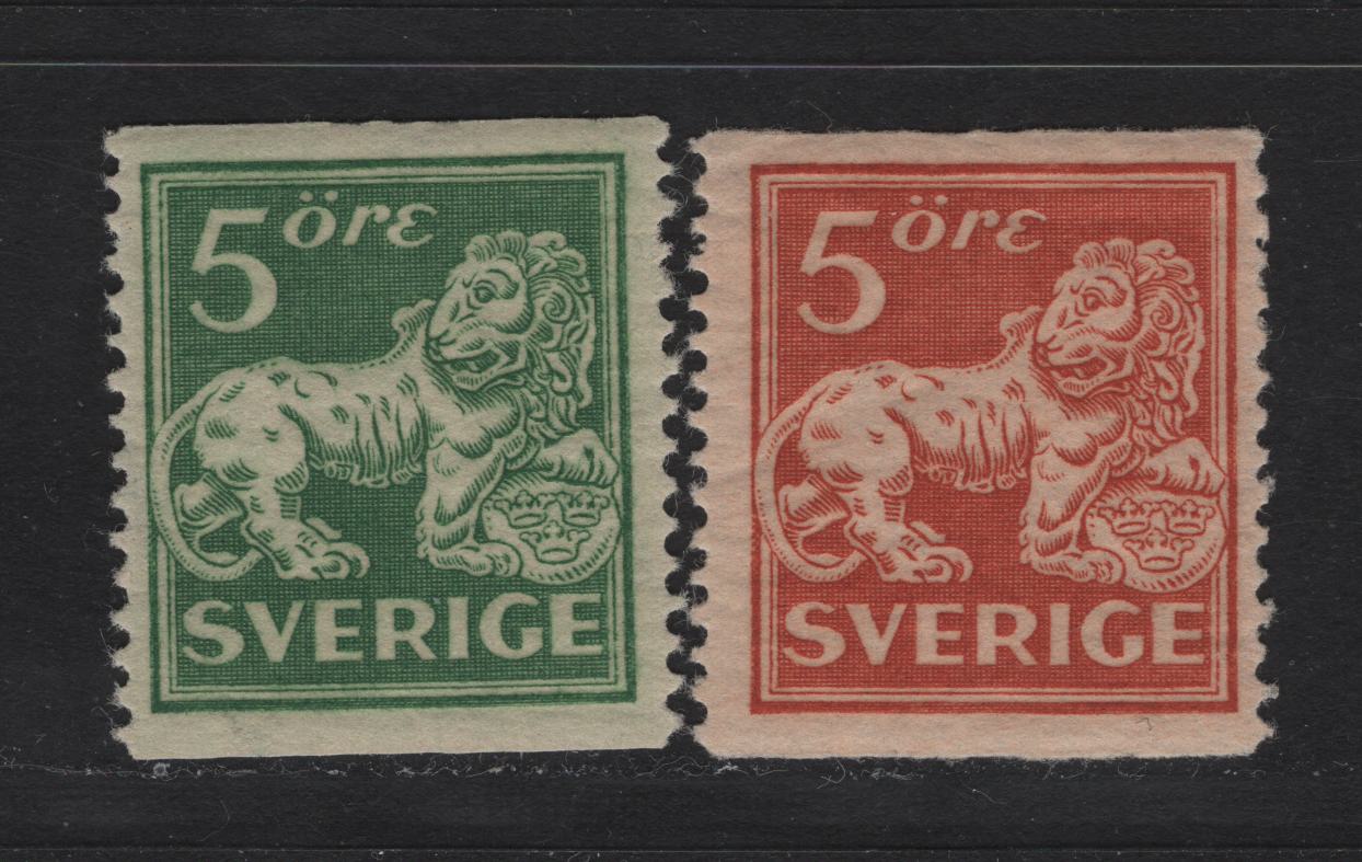 Lot 57 Sweden SC#135-136 (Facit #142Ecsx, 143Ecx) 5o Yellowish Green - Brownish Orange Red Lion, 1920 Standing Lion Issue, 2 F/VFNH Singles, Both Type II, Perf 13 Vertical, Unwatermarked.