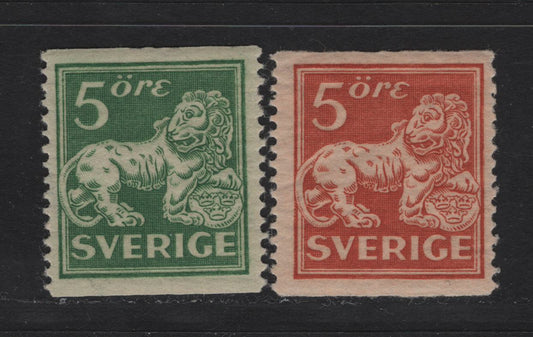 Lot 57 Sweden SC#135-136 (Facit #142Ecsx, 143Ecx) 5o Yellowish Green - Brownish Orange Red Lion, 1920 Standing Lion Issue, 2 F/VFNH Singles, Both Type II, Perf 13 Vertical, Unwatermarked.