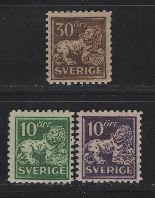 Lot 59 Sweden SC#127-129 (Facit# 144ca, 145c, 148c) 10o - 30o Green - Brown Lion, 1920 Standing Lion Issue, 3 F/VFOG Singles, Type 1, Unwatermarked, Perf 9.75.