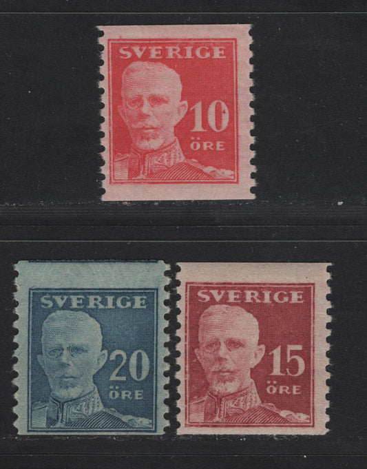 Lot 60 Sweden SC#139-141 10o - 20o Rose - Blue King Gustaf V, 1920-1921 King Gustaf V Issue, 3 FOG Singles, Perf 9.75 Vertical, Unwatermarked