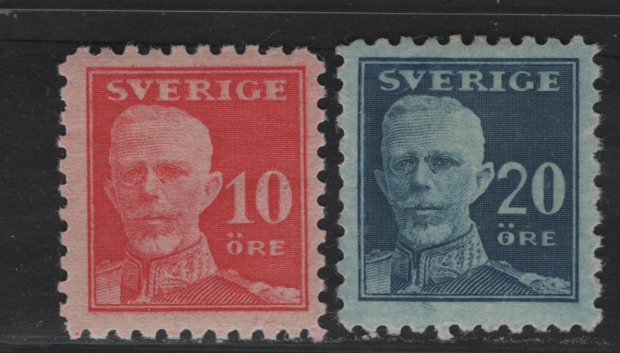Lot 61 Sweden SC#142-143 10o - 20o Rose - Blue King Gustaf V, 1920-1921 King Gustaf V Issue, 2 VFOG Singles, Perf 10, Unwatermarked