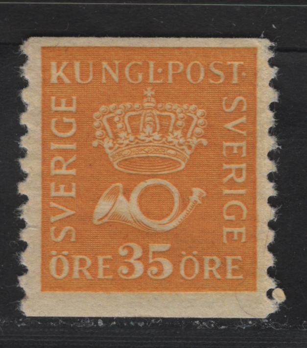 Lot 62 Sweden SC#145 (Facit# 157) 35o Yellow Crown & Post Horn, 1920-1934 Crown & Post Horn Issue, A VFOG Single, Type 2, Unwatermarked